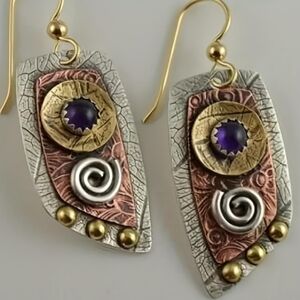 Abstract tricolor earrings purple stone swirl design Plated jewelry